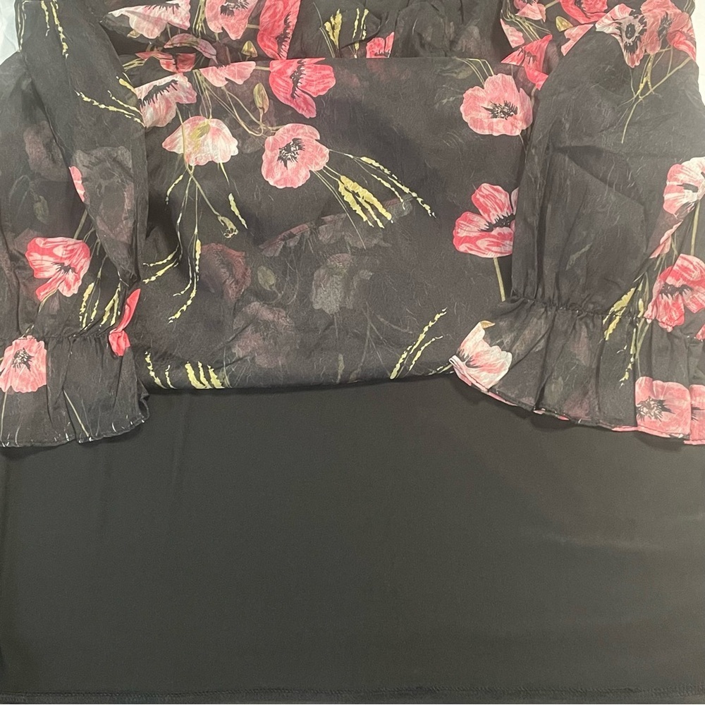 Kate & Mallory top XL ruffle neckline sheer floral over lined bodice adj sleeves - Picture 4 of 12
